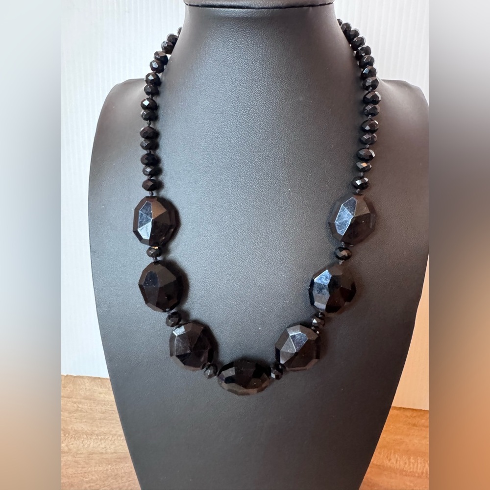 Chunky Faceted Glass Bead Necklace Black Statement Piece Dark Academia Office